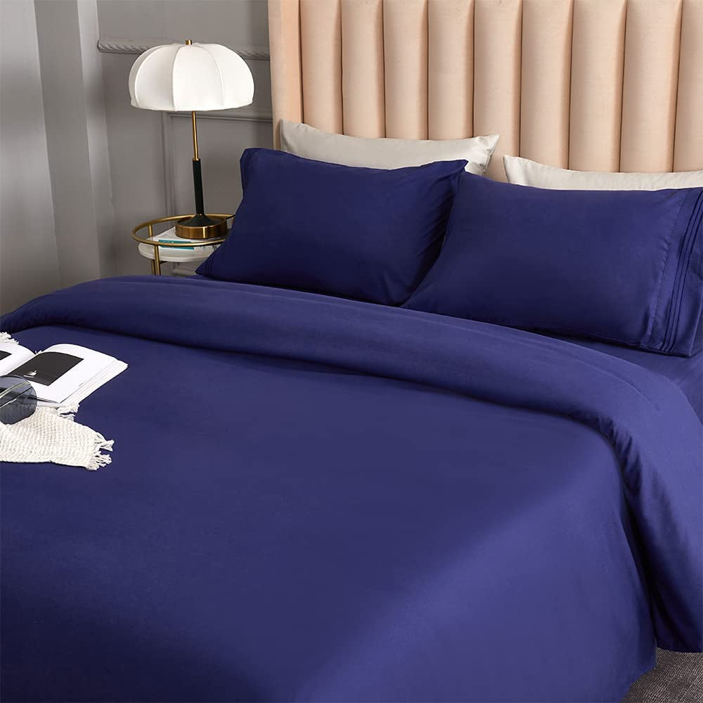 Bed Sheet Set - Brushed Microfiber Bedding - Bedding Sheets & Pillowcases - Deep Pockets - Easy Fit - Breathable & Cooling Sheets - 4 Piece King Blue Set