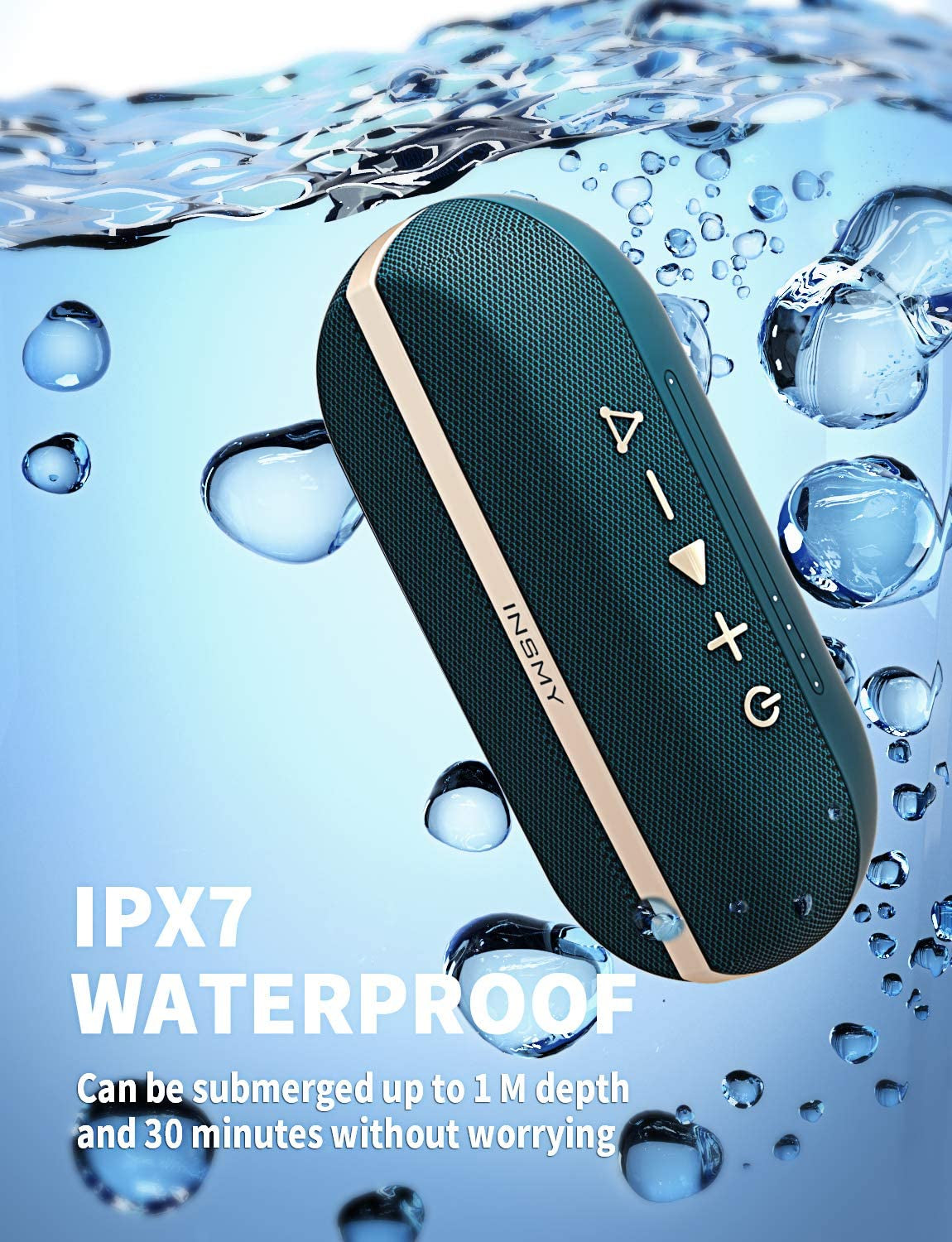 INSMY Portable Bluetooth Speakers, IPX7 Waterproof Floating 20W Wireless Speaker Loud Sound Rich Bass, Stereo Pairing Max 40W, 24 Hours Built-In Mic for Outdoors Camping Pool (Blue)