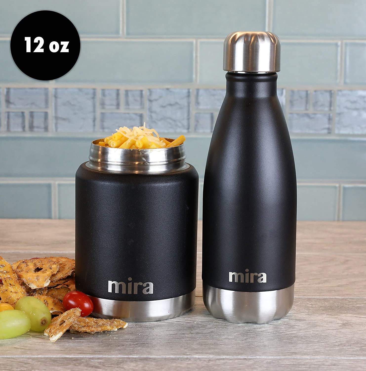 MIRA 12 Oz Stainless Steel Vacuum Insulated Water Bottle - Double Walled Cola Shape Thermo - 24 Hours Cold, 12 Hours Hot - Reusable Metal Water Bottle - Kids Leak-Proof Sports Flask - Matte Black