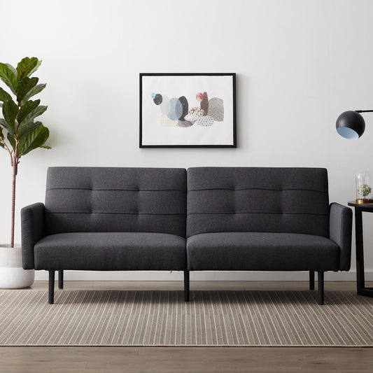 74" Sofa Bed with Buttonless Tufting and Removable Arms, Charcoal