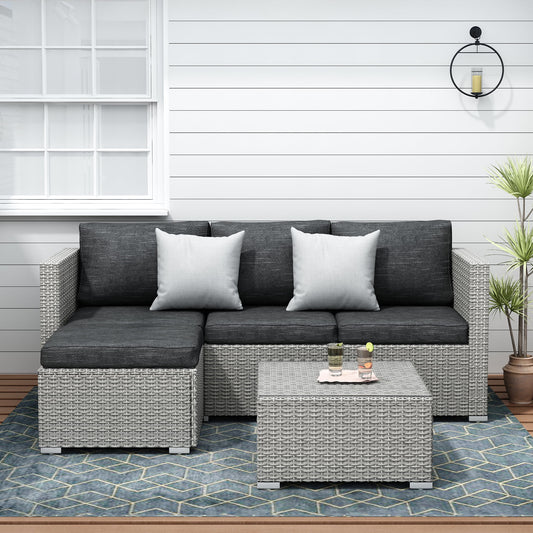 Patio Conversation Sofa Set - 3 Piece All Weather Wicker Outdoor Furniture Set, Gray Rattan & Black Cushions