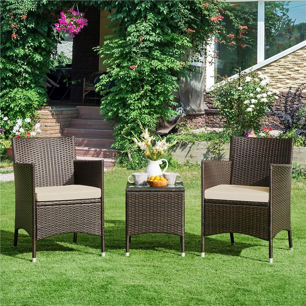 3-Piece Wicker Furniture Set,Outdoor Patio Conversation Furniture Set W/Cushions