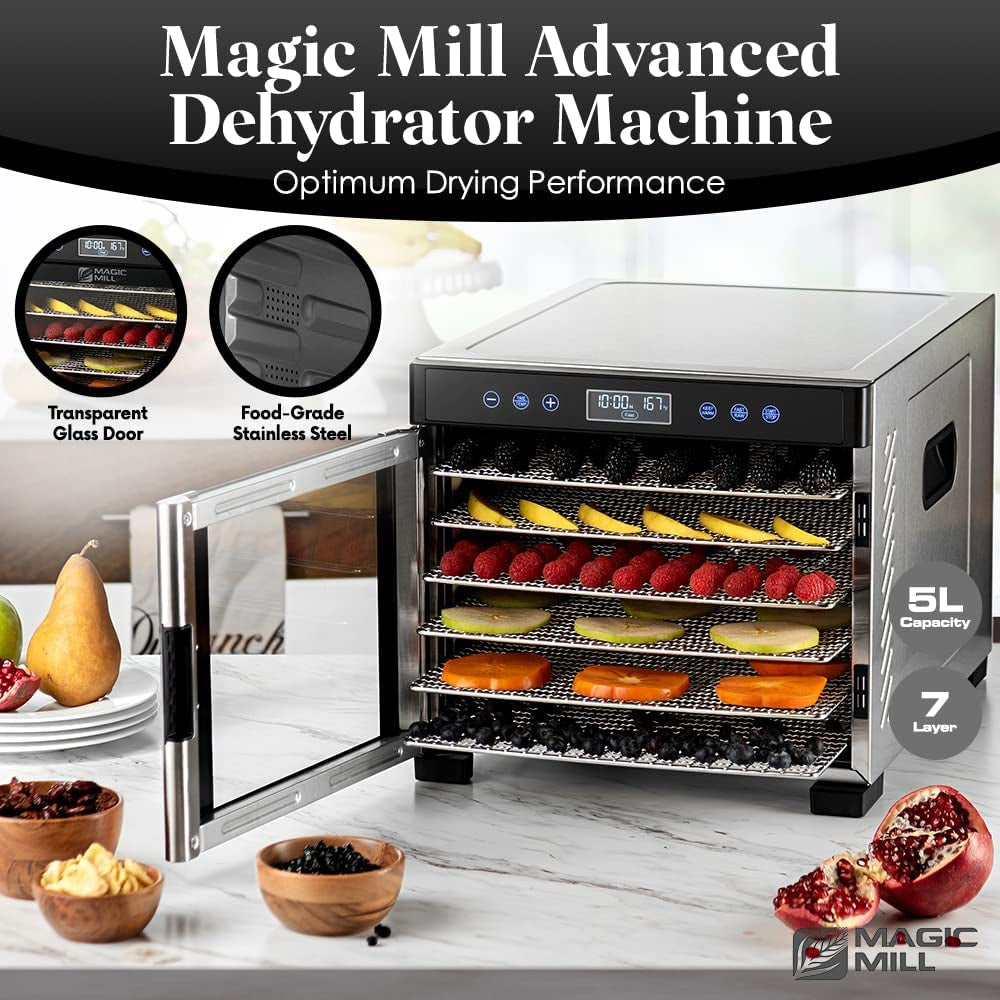 Magic Mill Commercial Food Dehydrator Machine | 7 Stainless Steel Trays | Adjustable Timer, Temperature Control | Dryer for Jerky, Herb, Beef, Fruit