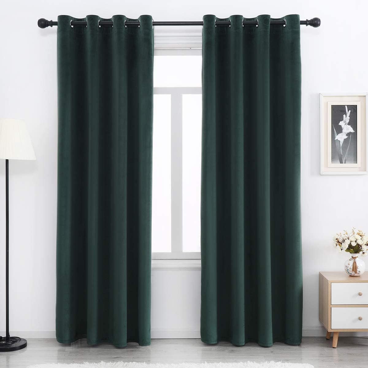 SPXTEX Green Velvet Blackout Curtains 84 Inches Long Grommet Velvet Window Curtain Panels Set of 2 Heat Insulated Curtains Blackout Thermal Light Blocking Velvet Curtain Panels for Bedroom 2 Panels