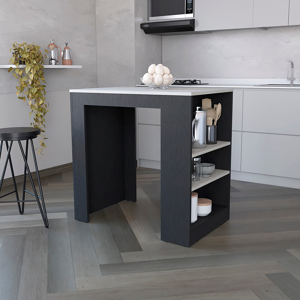 Kitchen Island Doyle, Three Side Shelves, Black Wengue and Ibiza