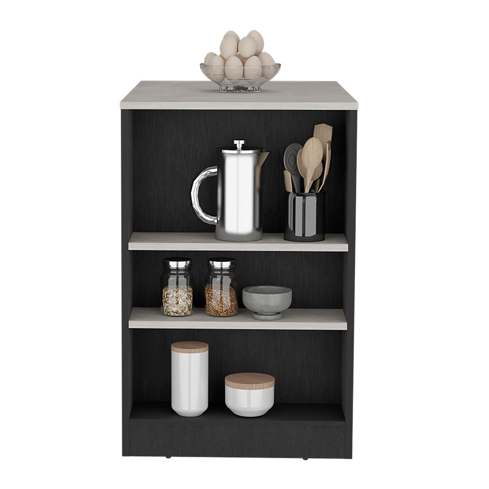 Kitchen Island Doyle, Three Side Shelves, Black Wengue and Ibiza