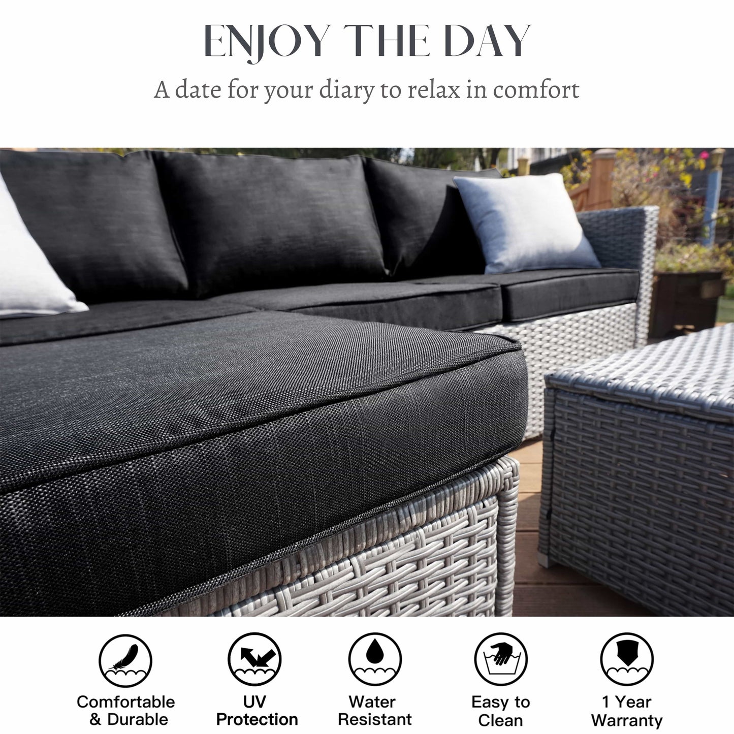 Patio Conversation Sofa Set - 3 Piece All Weather Wicker Outdoor Furniture Set, Gray Rattan & Black Cushions