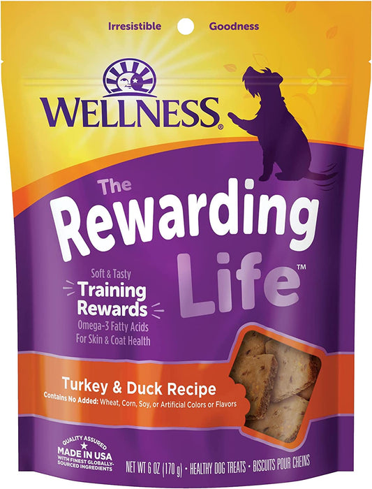 Wellness Rewarding Life Grain-Free Soft Dog Treats, Made in USA with Healthy Ingredients, Ideal for Training (Turkey & Duck Recipe, 6-Ounce Bag)