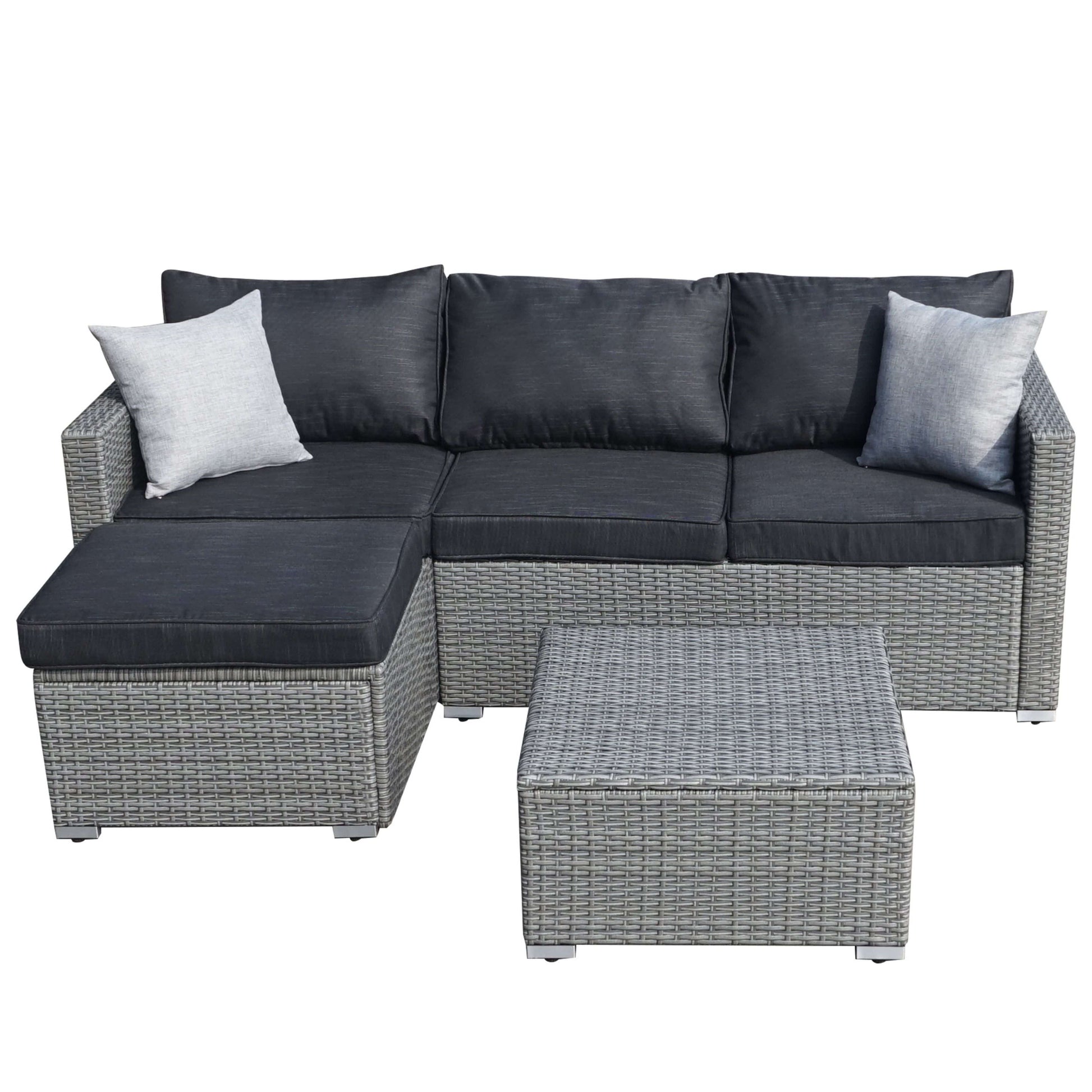 Patio Conversation Sofa Set - 3 Piece All Weather Wicker Outdoor Furniture Set, Gray Rattan & Black Cushions