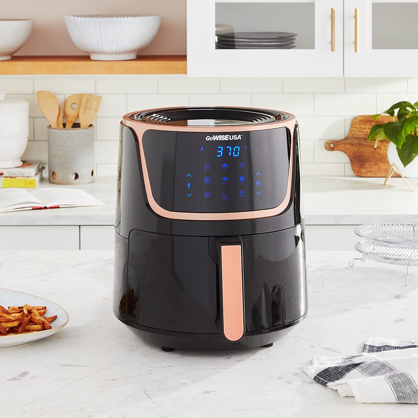 Gowise USA GW22955 7-Quart Electric Air Fryer with Dehydrator & 3 Stackable Racks, Digital Touchscreen with 8 Functions + Recipes, 7.0-Qt, Black/Copper